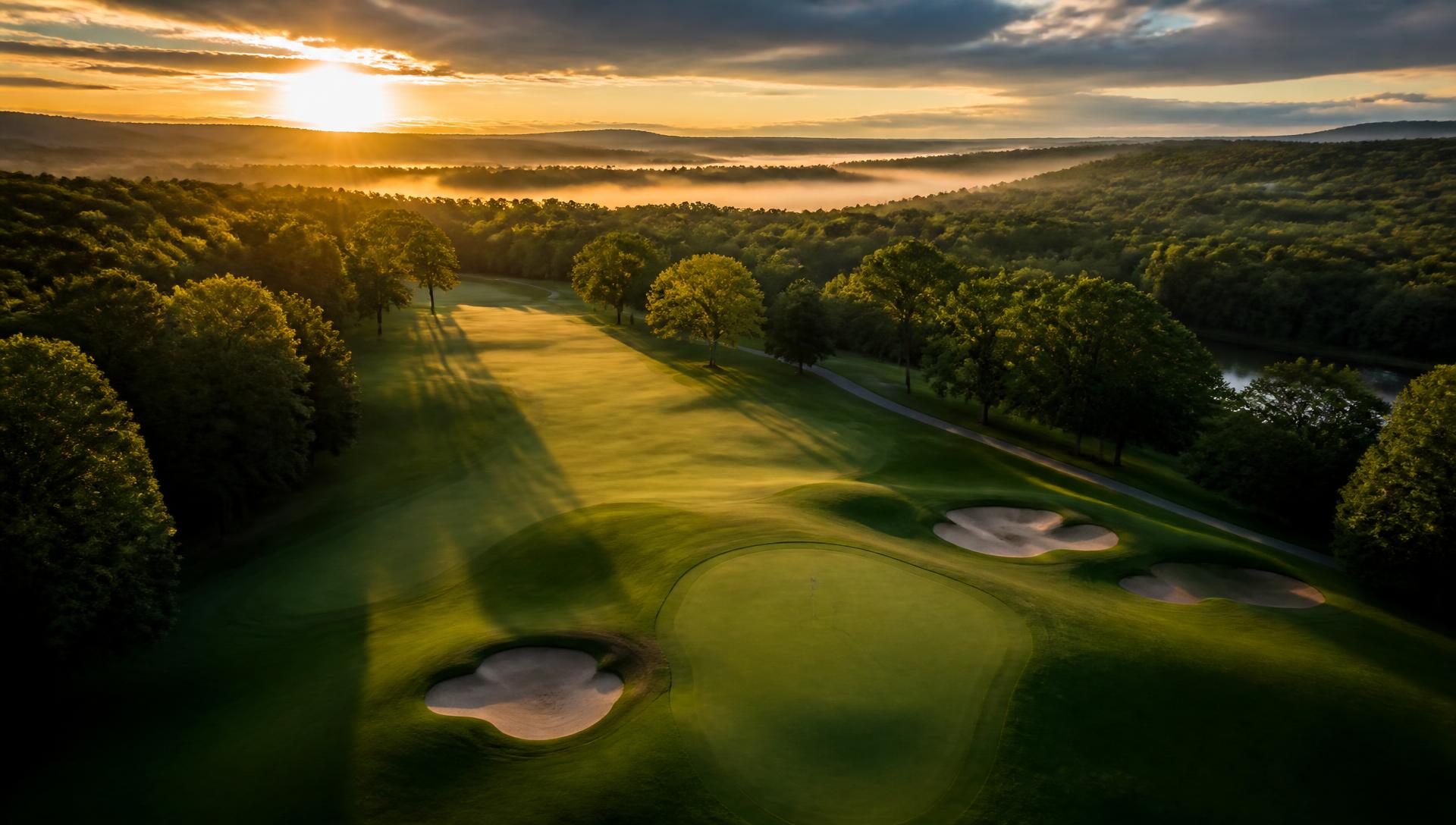 Aerial view of a golf course fairway at sunrise